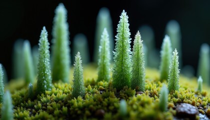 Abstract Macro View Of Light Green Spiky Plants Covered In Dew Drops On Mossy Ground