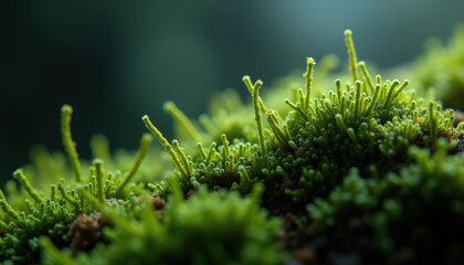 Close Up Macro View of Vibrant Green Moss with Tiny Spore Capsules Catching Soft Morning Sunlight on a Dark Forest