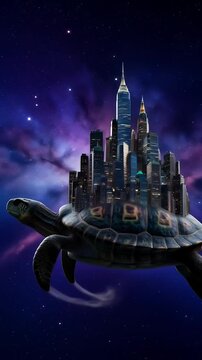 Turtle carrying futuristic city space galaxy
