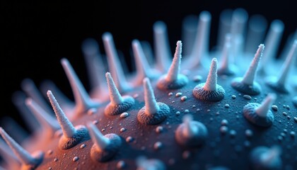 Close Up Macro View Of A Spiky Microscopic Biological Structure Illuminated With Blue And Orange Light Against A Dark