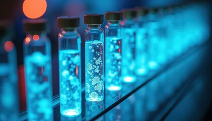 Row of Scientific Vials Containing Glowing Blue Liquid with Bubbles in a Dark Laboratory Setting with Soft Orange