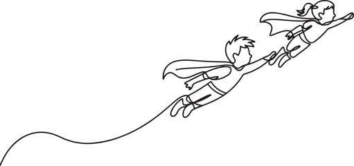 Continuous one line superhero kids. Children fly with hero cape, super boy and heroic girl.one line icon illustration with white background © Misho x Mamun