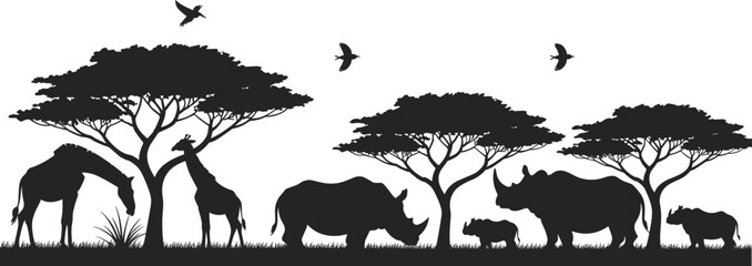 African safari wildlife silhouette with giraffe and rhinoceros family under acacia trees, birds flying, savanna landscape illustration isolated on white background. © Mst Jotsna