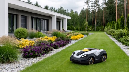 Robotic lawn mower cutting grass in smart home garden