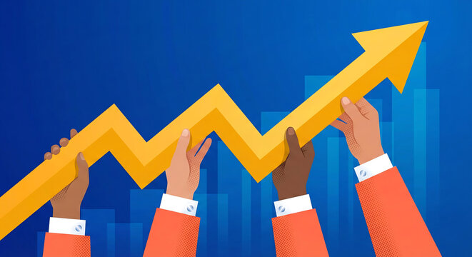 Hands Holding Yellow Arrow Graph Upwards.