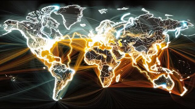 Global Network Connections Illuminated on a Dark World Map with Lines and Nodes