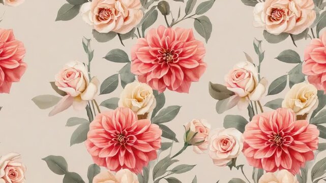 Soft Vintage Floral Pattern Animation with Roses and Dahlias, Romantic Background