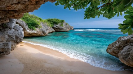 Hidden tropical beach cave with turquoise ocean water