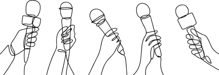 Continuous one line drawing hand with microphone. Journalism concept. Set of hands holding microphones. Press hands flat hand.one line icon illustration with white background