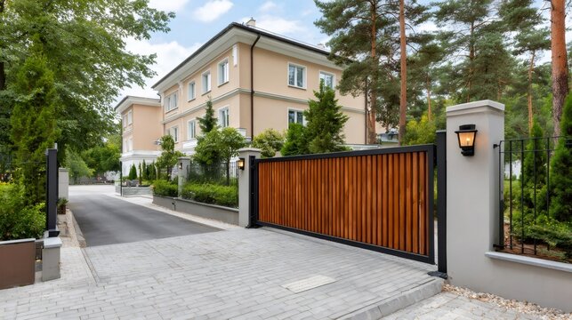 Modern luxury villa with automatic wooden sliding gate