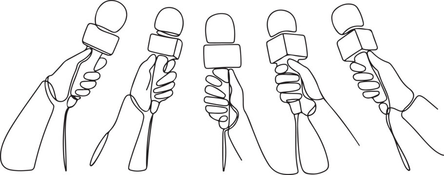 Continuous one line drawing hand with microphone. Journalism concept. Set of hands holding microphones. Press hands flat hand.one line icon illustration with white background