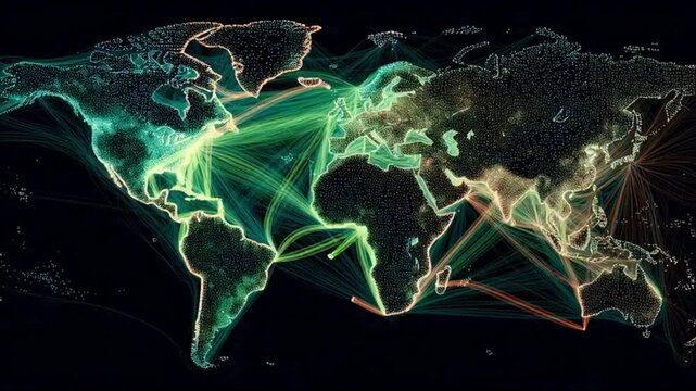 Global Network Connections Illuminated on a Dark World Map with Lines and Nodes Representing Data Transfer and Communication