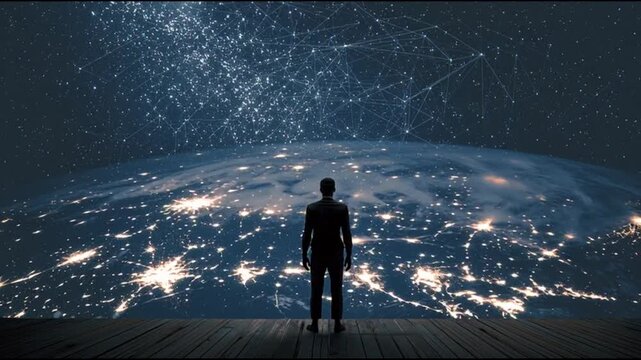 A man standing on a wooden platform, gazing at a glowing Earth from space at night with constellations above.