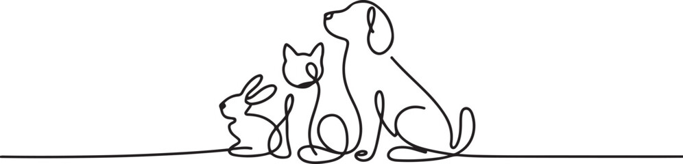 pets drawing by one continuous line, sketch.one line icon illustration with white background
