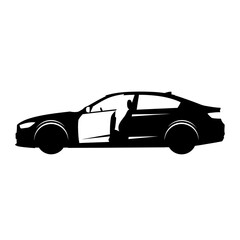 Obraz premium Black silhouette of a modern sports car with an open driver s side door