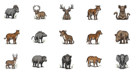 Collection of diverse wild animals in pixel art style. © Dion