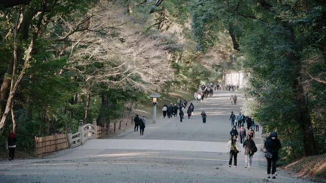 Tokyo, Japan &ndash; February 13, 2025: Crowd at Torii Gate of Meiji Jingu Shrine