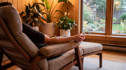 Person relaxing in a cozy home setting, receiving IV therapy while seated in a wooden chair. Indoor plants and natural light create a peaceful environment. Image made using Generative AI.