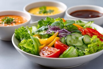 Fresh green vegetable salad with dipping sauces
