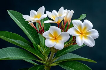 Fototapeta premium White frangipani flowers blooming with green leaves