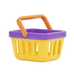 A vibrant yellow and purple plastic basket with a handle isolated on transparent background