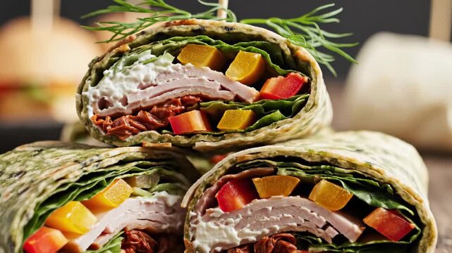 Fresh vegetable chicken wrap sandwich sliced open showing colorful healthy ingredients and creamy filling on rustic wooden table background