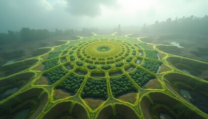 Intricate Radial Garden Design in Lush Green and Yellow Tones with Water Features and Misty Forest Background Under