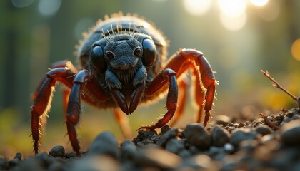 Macro photograph of a large hairy ant with red legs and detailed exoskeleton against a blurred forest background at