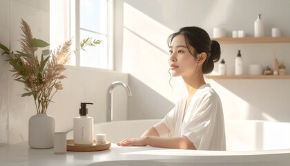 Tranquil self-care moment: Beautiful Asian woman enjoying a serene, sunlit bathroom with modern beauty products.