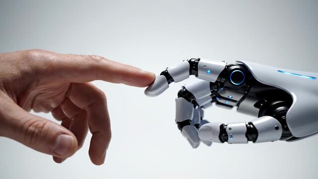 Human and robot hands are almost touching, symbolizing the connection between humanity and artificial intelligence, generating a bright light in the center against a clean white backdrop