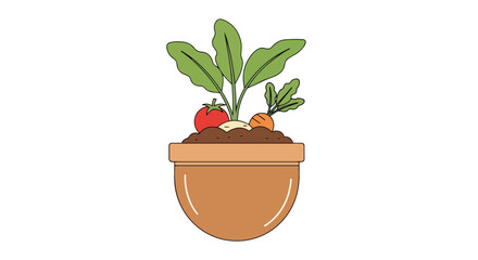 Fototapeta premium Vibrant container garden with a healthy tomato, onion, and carrot plant in rich soil