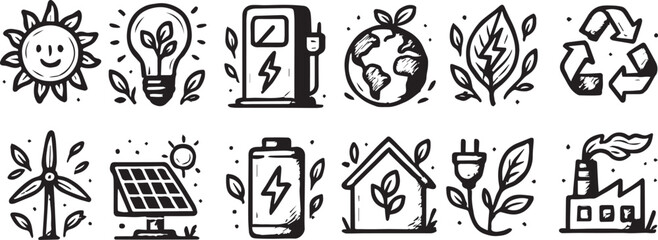 Eco-lifestyle and Green energy vector element bundle: solar panel, tree plant, turbine, fuel, sun, energy bulb and green energy creative vector icon bundle. © Canvas Cuts