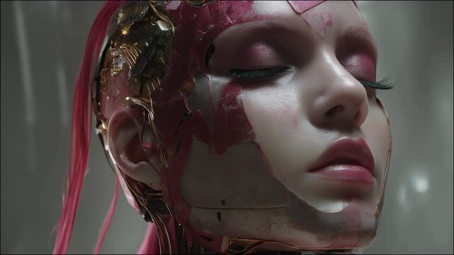 Futuristic pink android with human face detail