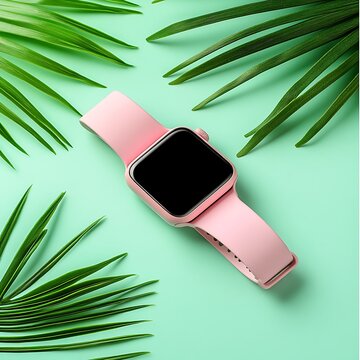 A pink smartwatch with a black screen surrounded by green leaves on a teal background