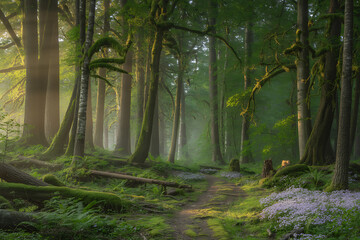 Obraz premium Forest Pathway with Mossy Trees and Morning Sunbeams