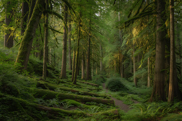 Fototapeta premium A serene forest path with tall trees and moss nature