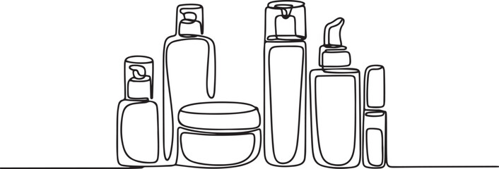 Continuous one line drawing of cosmetics bottle packaging set.one line icon illustration with white background
