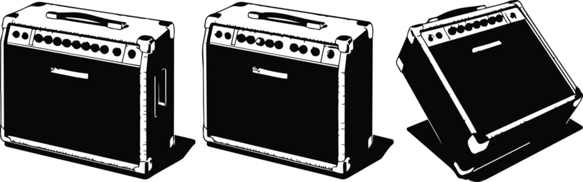 Guitar amplifiers illustration with three black boxes and silver details, music equipment for sound and audio technology