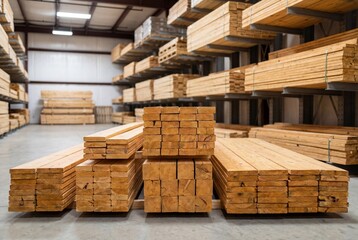 Large warehouse filled with stacks of lumber and wooden planks