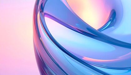 Transparent, swirling glass-like form with gradient lighting in shades of pink, blue, and yellow
