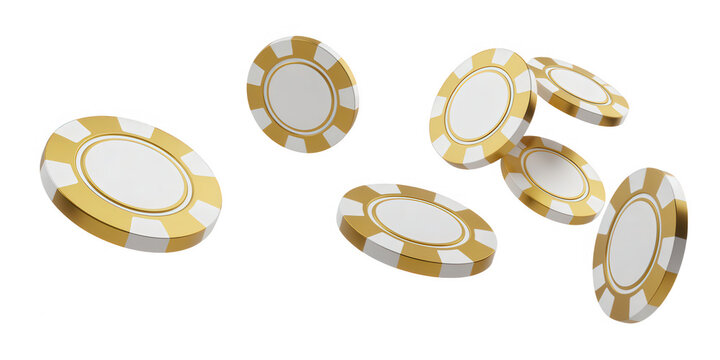 Gold and white poker chips flying casino isolated on a transparent background