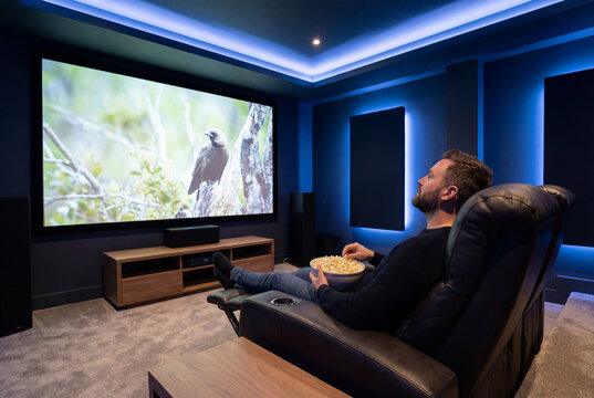 Man relaxing in luxury home theater watching nature documentary on large screen