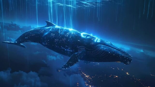 Digitally rendered whale swimming through abstract light