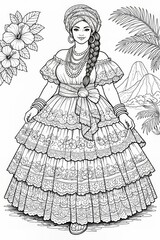 Detailed black and white coloring page of a smiling woman in an ornate layered dress and headwrap, framed by tropical flowers and mountains, ideal for cultural art activities.