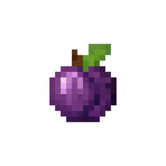 Fototapeta premium 8-bit pixel art plum isolated on white background. Retro purple fruit icon in arcade game style. Minimal pixelated illustration for game assets and UI design.