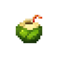 Obraz premium Pixel Art Coconut Drink Icon Retro 8 Bit Tropical Green Coconut with Straw, Isolated Pixelated Summer Beverage Game Asset for UI, Mobile App and Vintage Arcade Style Design