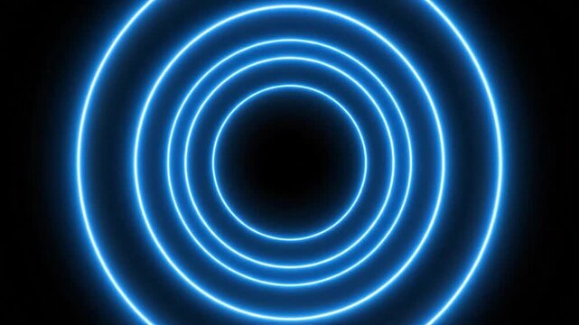 Neon blue concentric circles expanding against a dark background