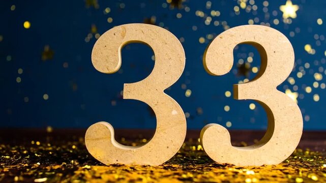 Celebrating 33 Years: Golden Number with Sparkling Confetti and Stars