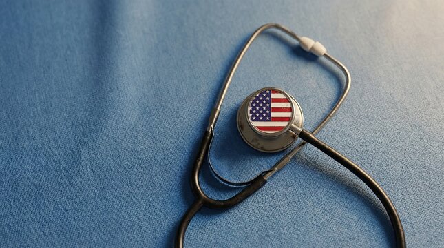 Healthcare Emblem: An emblem of American healthcare, featuring a stethoscope with the nation's flag at its center, against a tranquil blue backdrop.