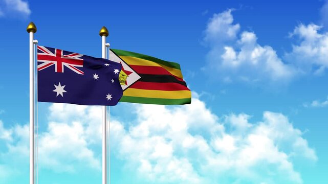 Waving flags of AUSTRALIA and ZIMBABWE on pole included with alpha